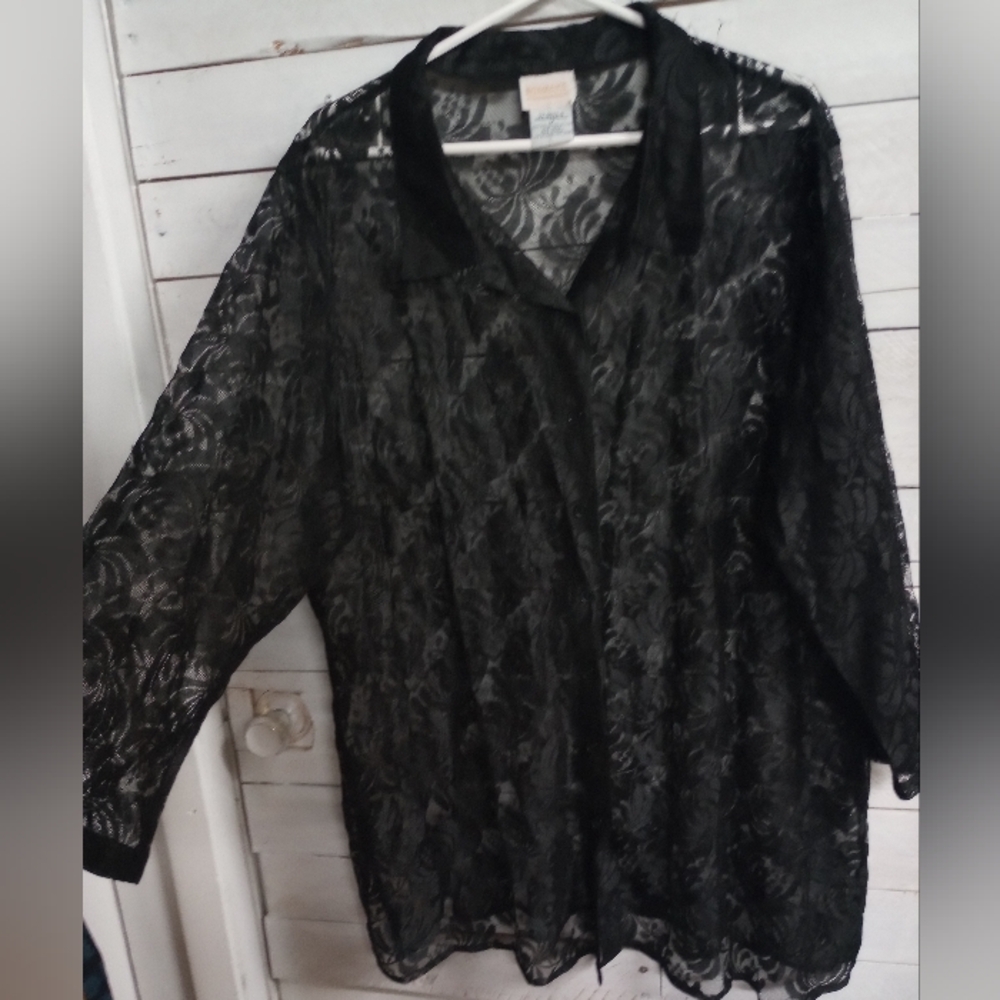 Roaman's Black Sheer Lace Blouse 1X Plus Size 3/4 Sleeve Button Up Top Moody
